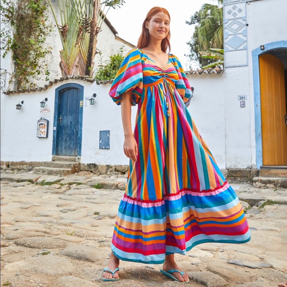 Brand New w Tags, Farm Rio Striped Scarf Maxi Dress, colorful, rainbow, vacation